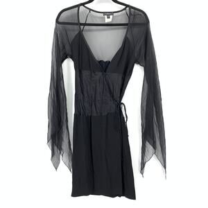 Vintage 1990s Bebe Kimono Wrap Dress Womens Sz L Sheer Sleeves Black Witchcore